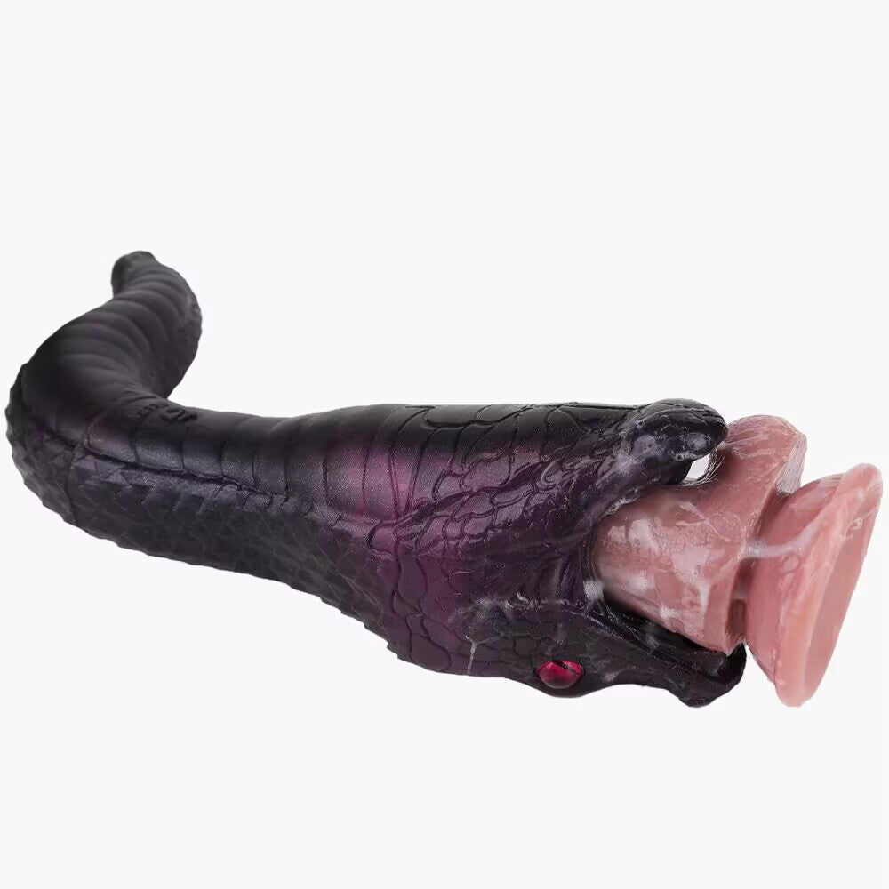 Dark snake fantasy stroker devouring a textured flesh-toned silicone plug