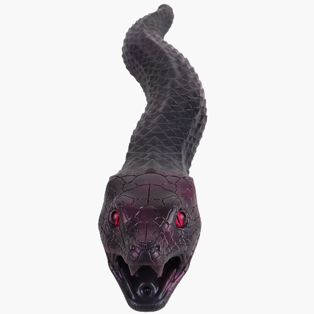 Front view of purple snake monster stroker with ruby red eyes and opening mouth