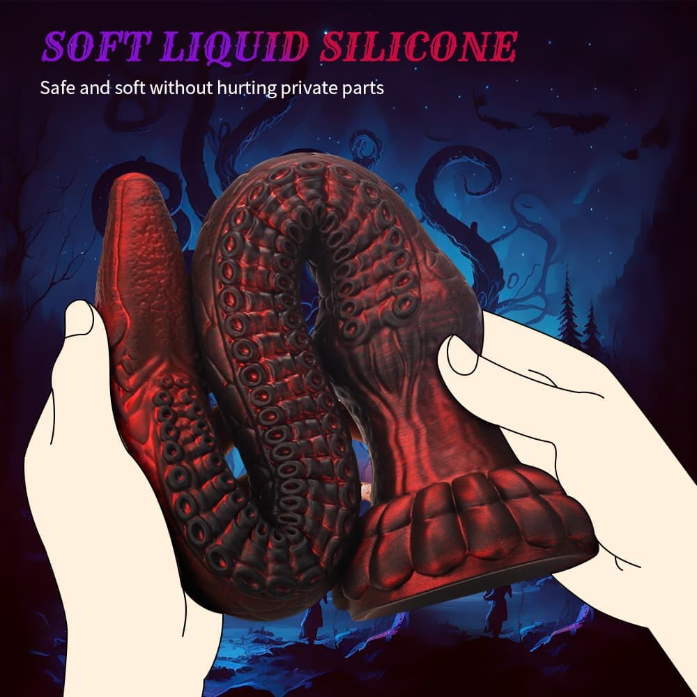 Illustration showing hands bending the soft liquid silicone fantasy dildo, emphasizing body-safe and flexible texture that won't hurt private parts.