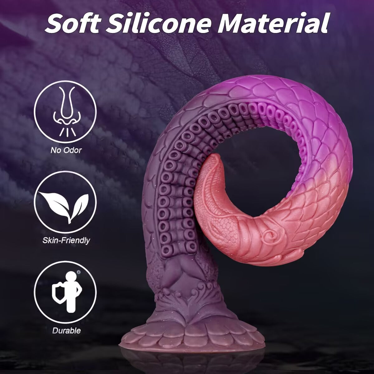 Coiled purple and pink fantasy tentacle dildo made of soft body-safe silicone with icons emphasizing no odor, skin-friendly material, and long-lasting durability.