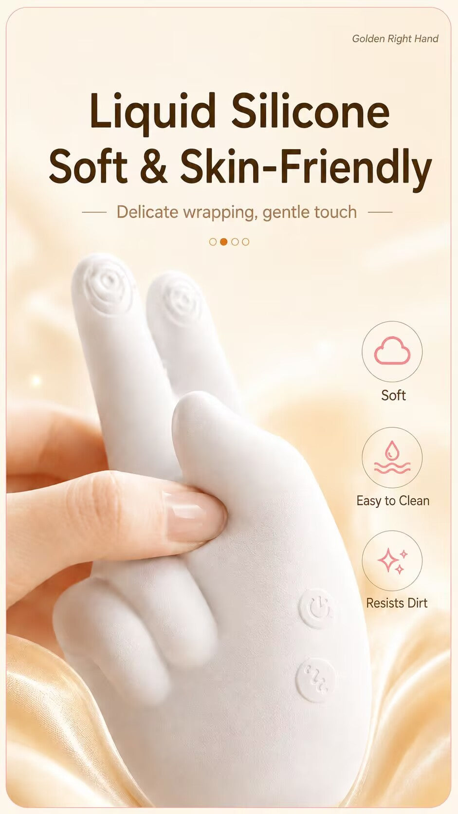 A close-up of a hand gently squeezing the soft, skin-friendly liquid silicone body of the massager, highlighting its delicate touch and dirt-resistant texture.