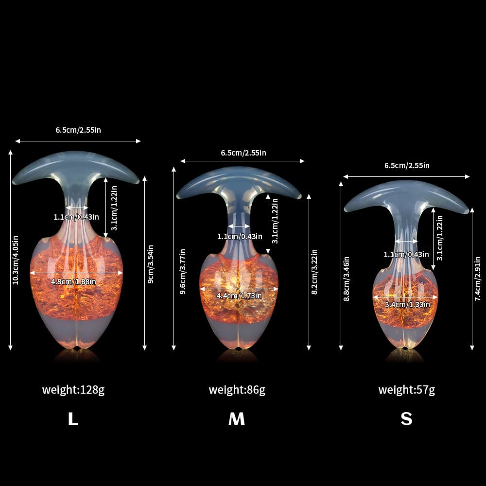 Detailed S, M, and L size chart for the solar amber orange crackle-core plug with precise height, width, and weight specifications.