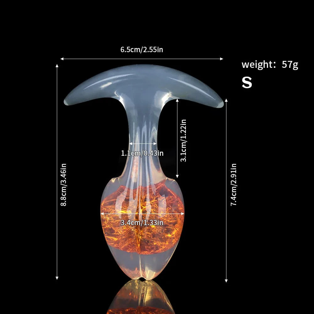 Detailed size chart for the small-sized solar amber orange crackle plug, including height, neck width, and weight