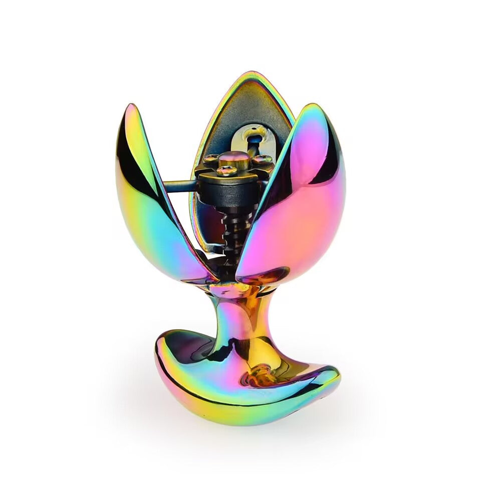 Fully expanded spectrum rainbow metal blossom plug with open petal design.