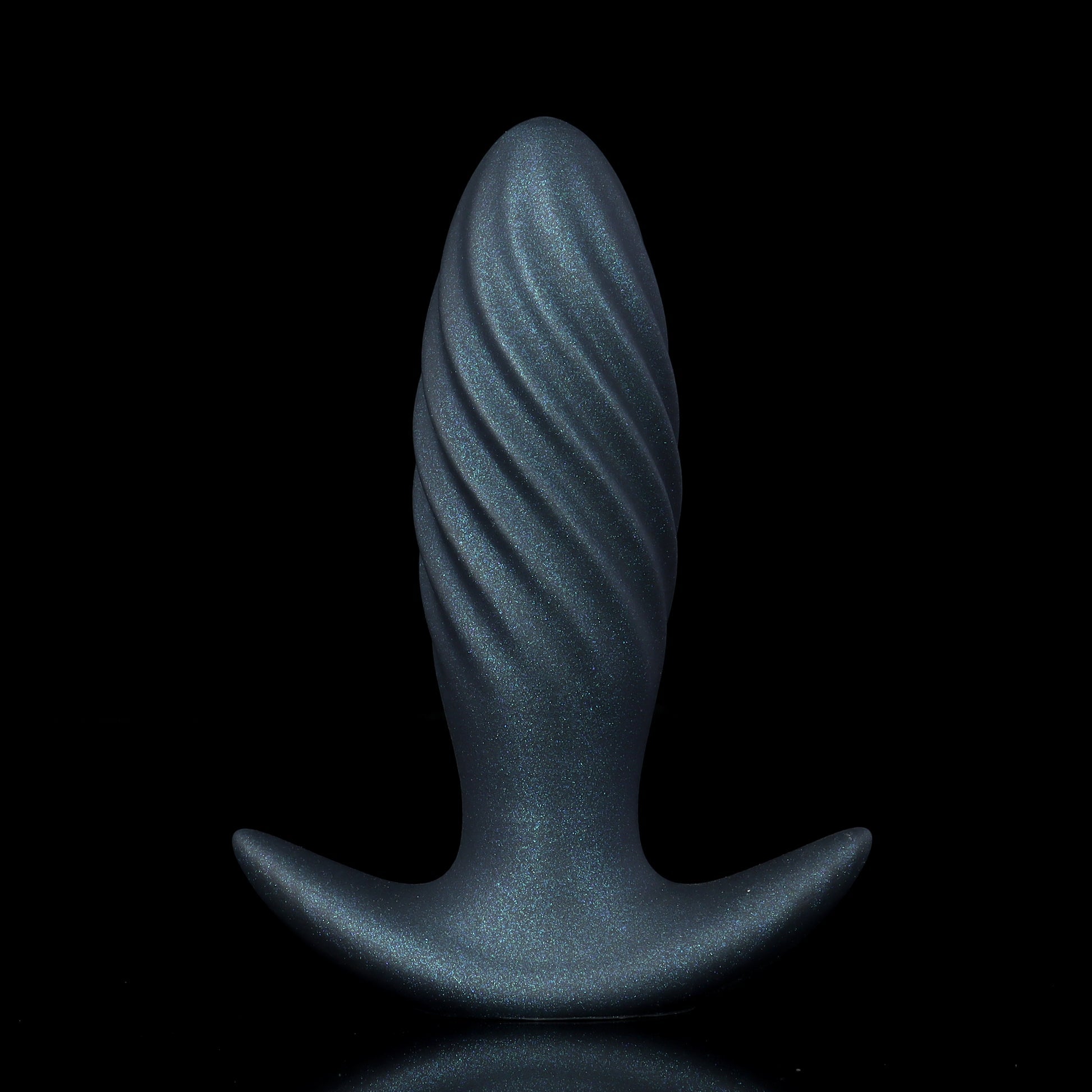 Front view of a dark shimmery grey inflatable butt plug with distinct spiral textures and an ergonomic safety T-bar base against a solid black background.