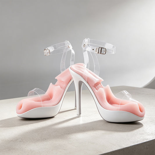 A pair of futuristic stiletto high heel sandals transformed into male masturbator stroker cups with soft pink TPE inner sleeve details, displayed on a grey pedestal.