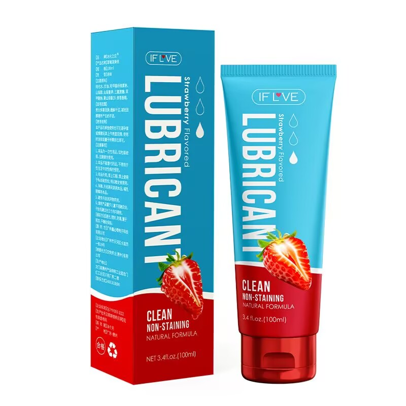 Strawberry flavored water-soluble personal lubricant in 100ml squeeze bottle with matching packaging box