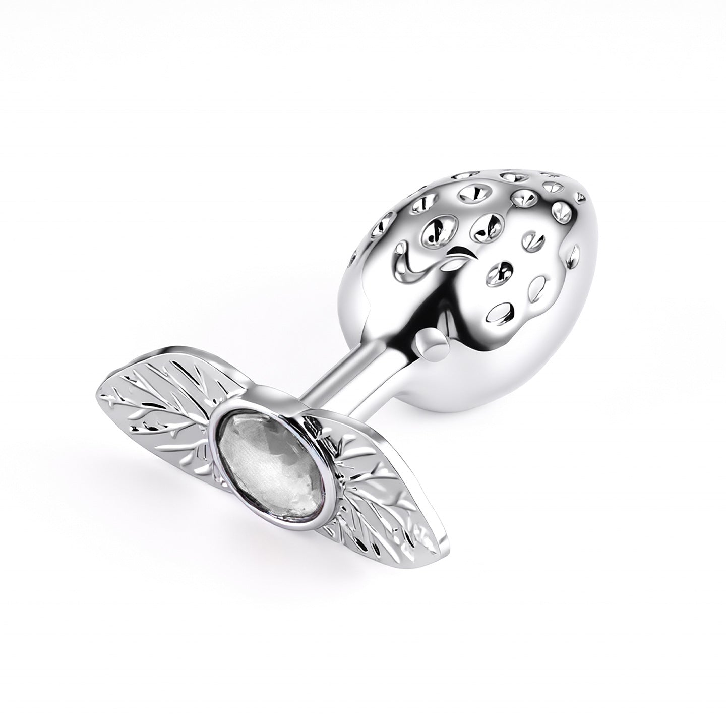 A textured strawberry-shaped metal butt plug on a clean white background, featuring an elegant leaf flared base embedded with a shimmering clear crystal gemstone.