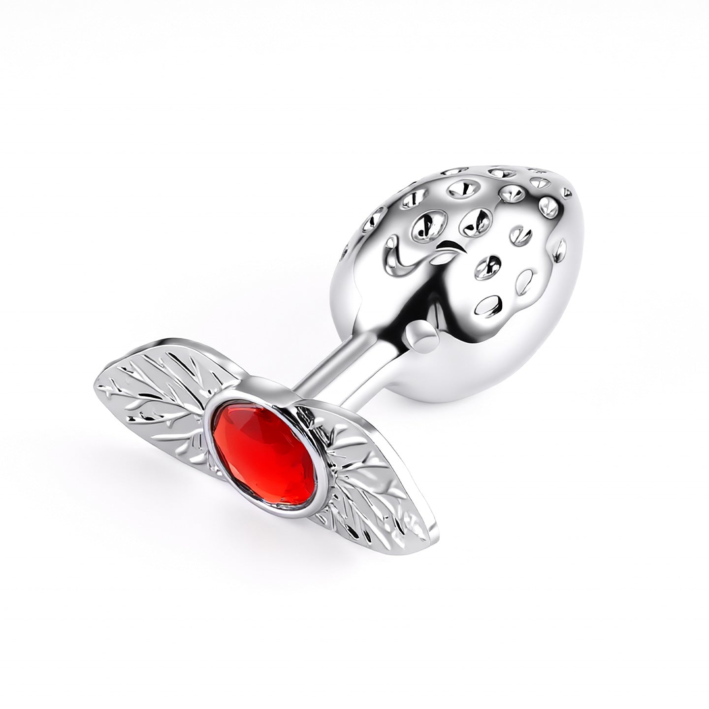 Mirror-polished strawberry metal anal plug with a seductive ruby red crystal rhinestone base, perfect for romantic and passionate bedroom play.