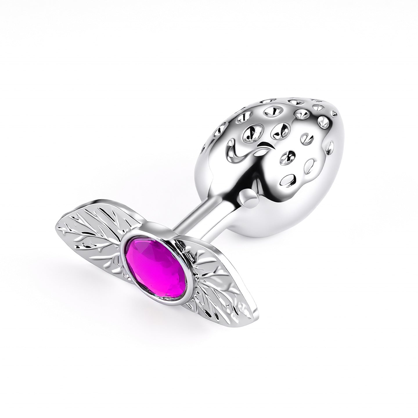 Premium strawberry silhouette metal anal plug with a high-shine finish, showcasing a vibrant fuchsia pink crystal jewel on the leaf safety base.
