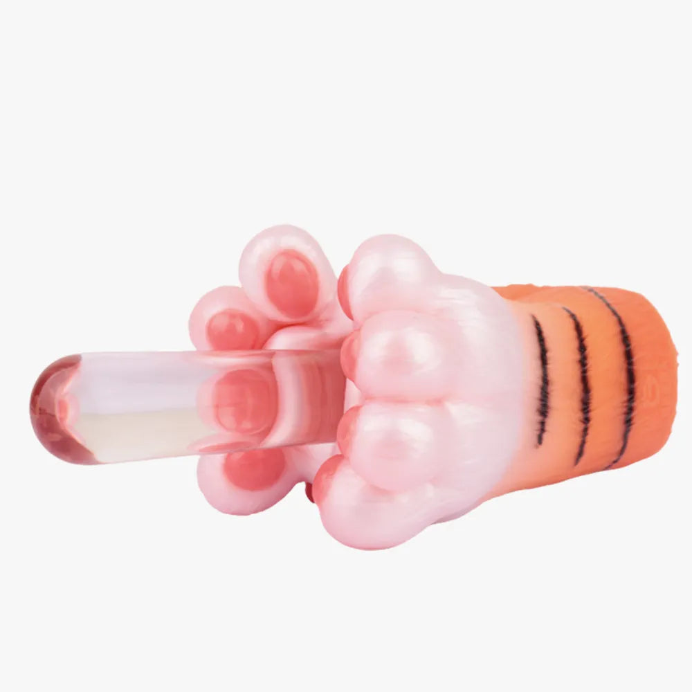Clear rod inserting into the cat paw masturbator to demonstrate the elasticity and stretchable inner channel.