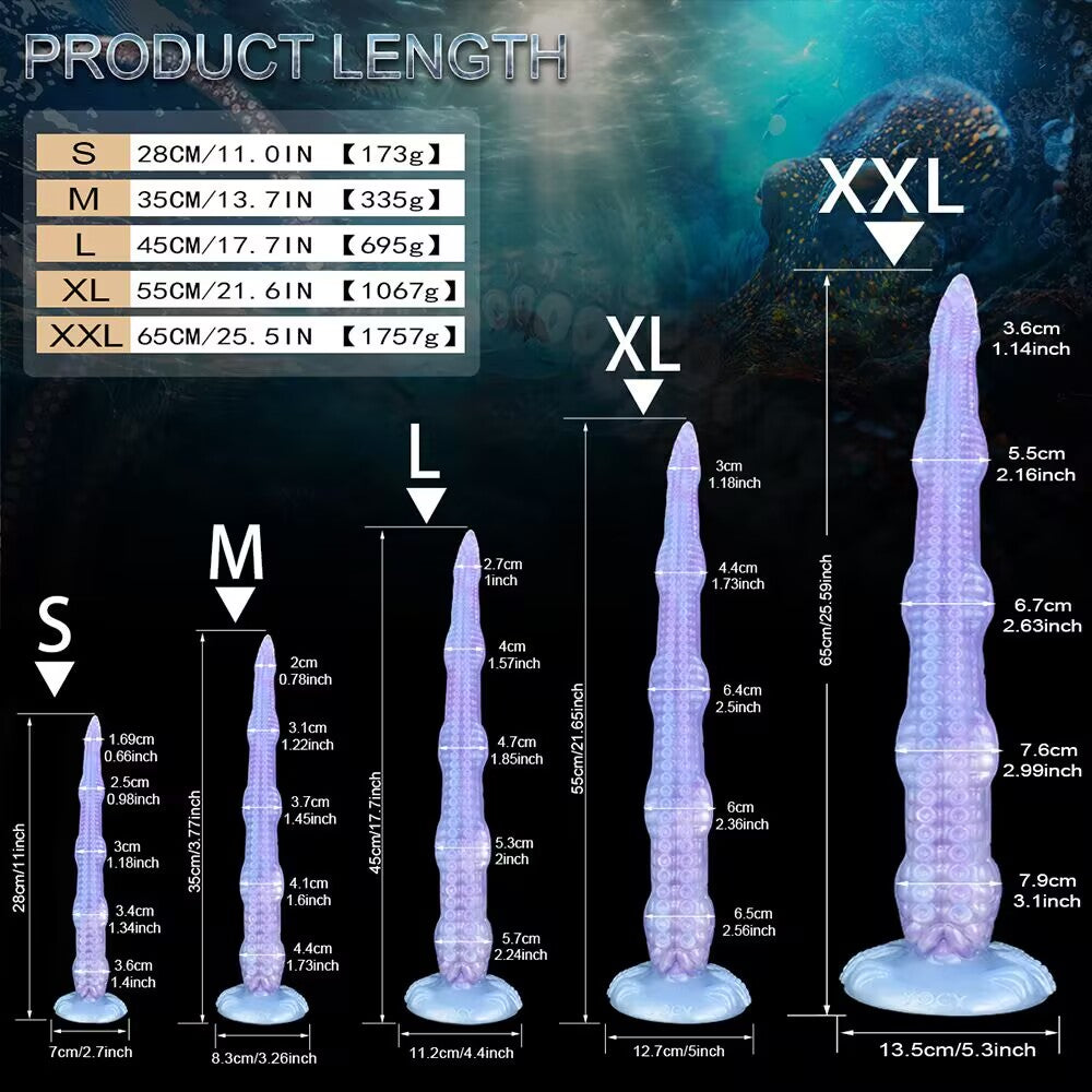 Complete product size chart for the monster tentacle dildo, showing dimensions, lengths, diameters, and weights for sizes S, M, L, XL, and XXL.