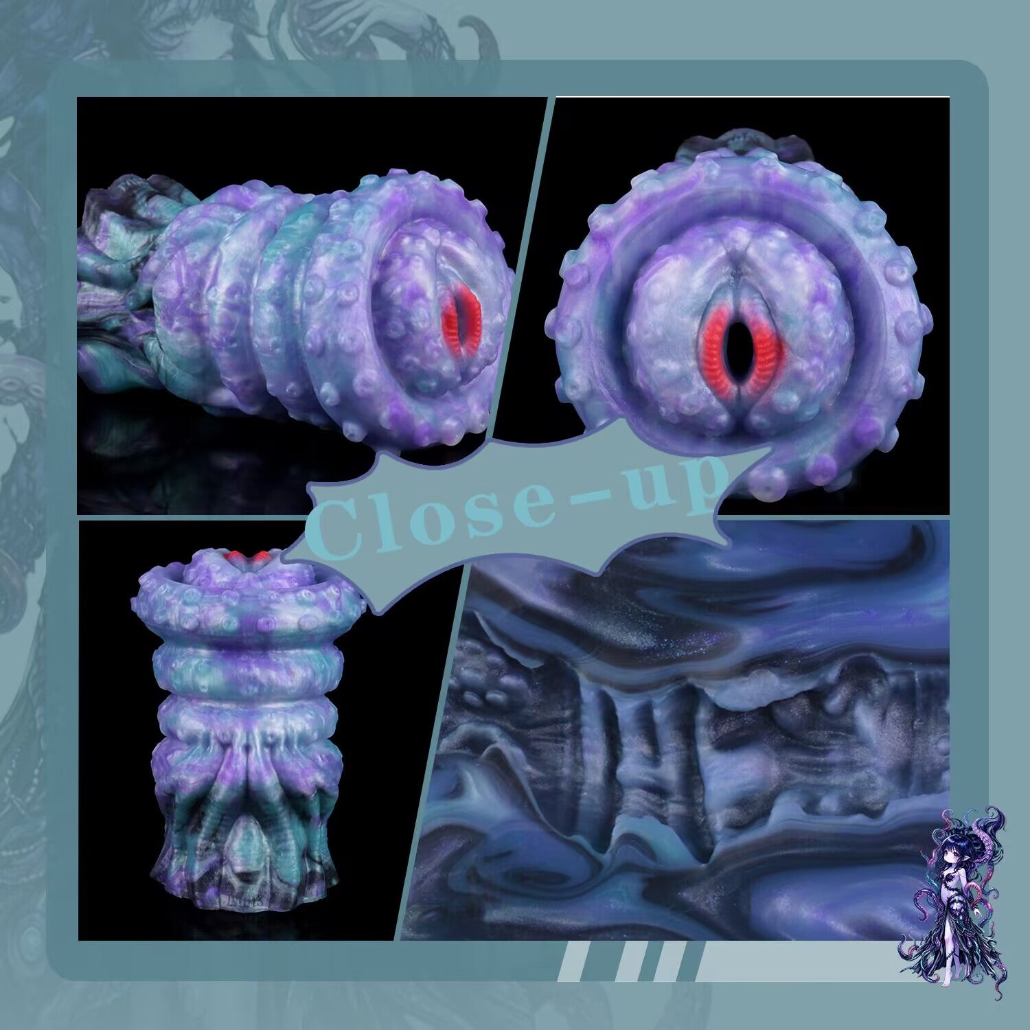 Close up view of red entry hole, suckers, and internal channel texture on blue purple tentacle stroker.