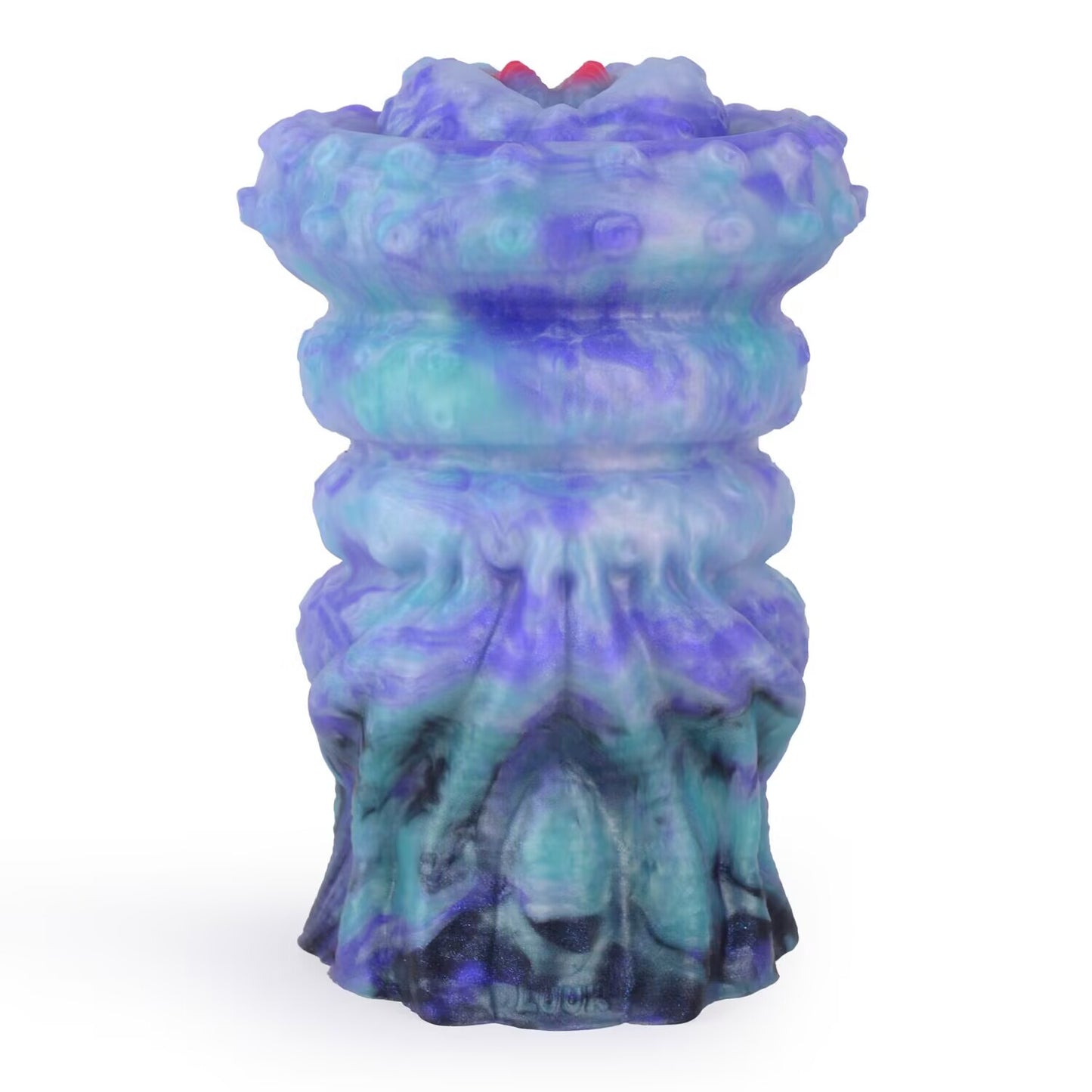 Front view of tentacle donut silicone male masturbator sleeve in blue and purple swirl pattern.