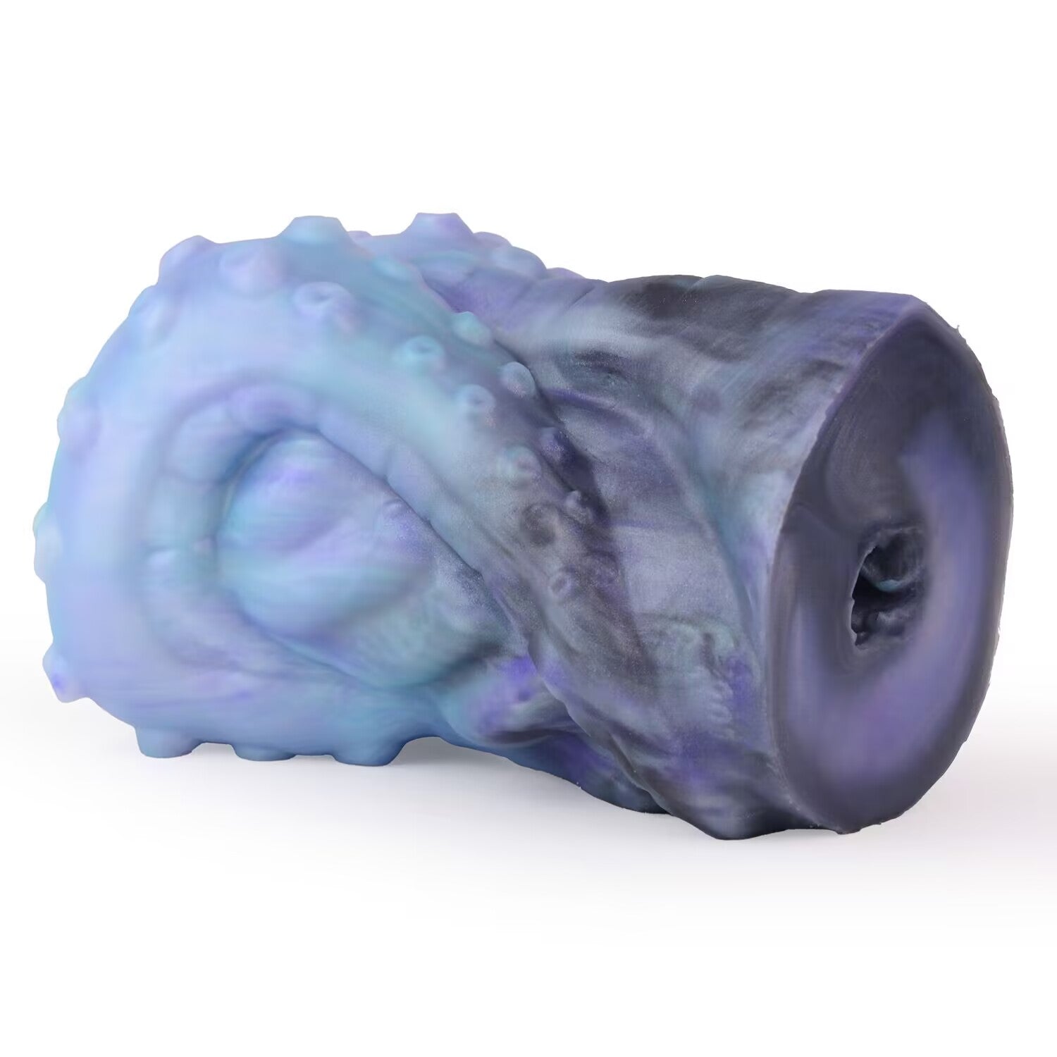 Side view of blue and purple tentacle donut silicone male masturbator sleeve.