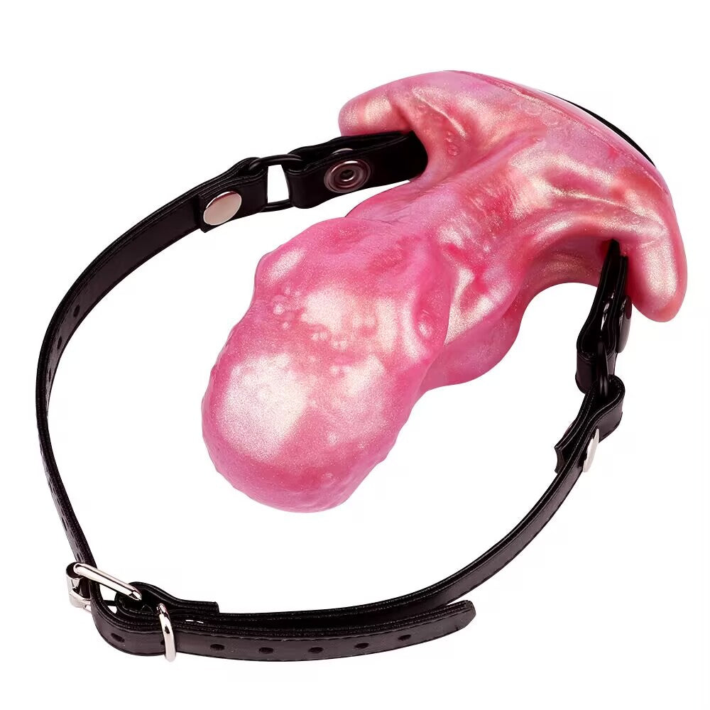Pink tentacle fantasy dildo securely fitted with a black adjustable leather collar harness strap.