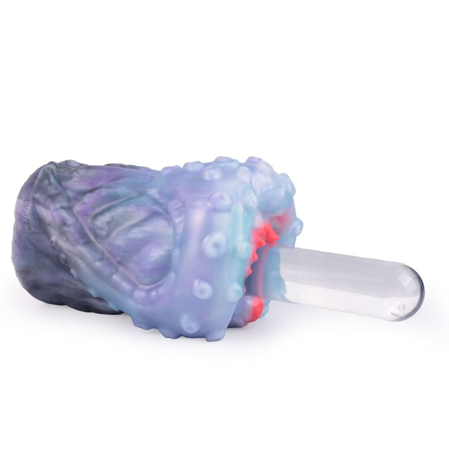 Side view of tentacle male masturbator sleeve with transparent rod inserted into entry.