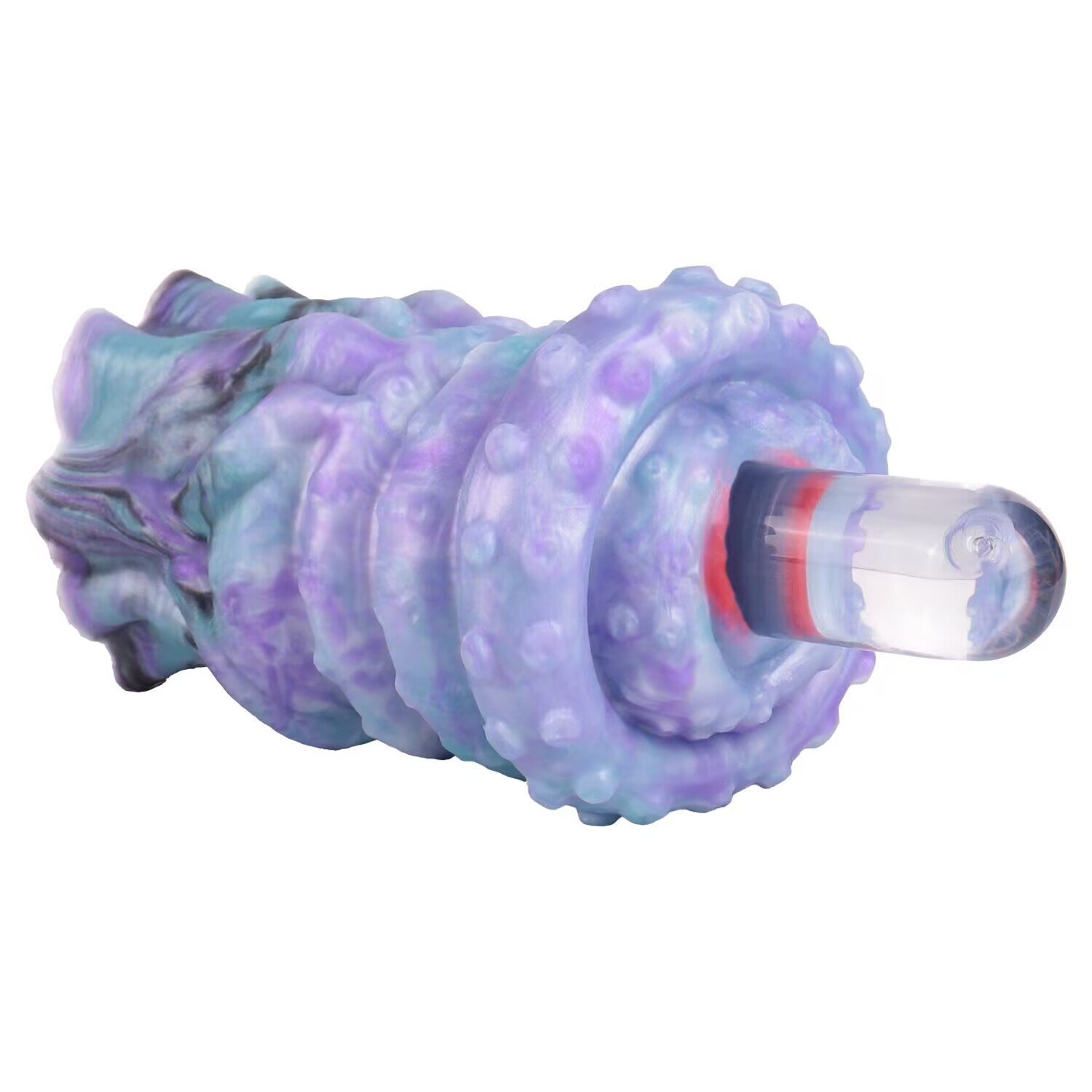 Side view of tentacle male masturbator sleeve with transparent rod inserted into red entry opening.