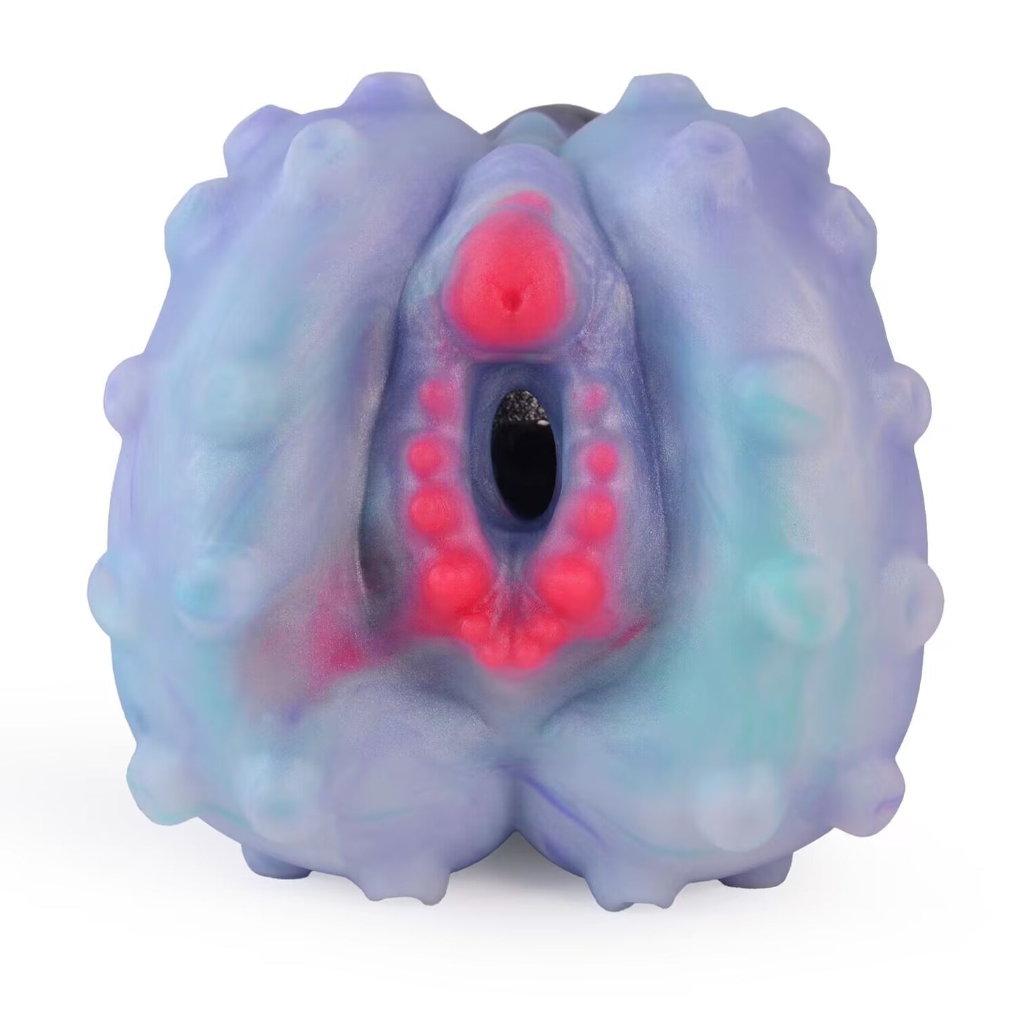 Frontal view showing the pink textured entry orifice of tentacle male stroker sleeve.