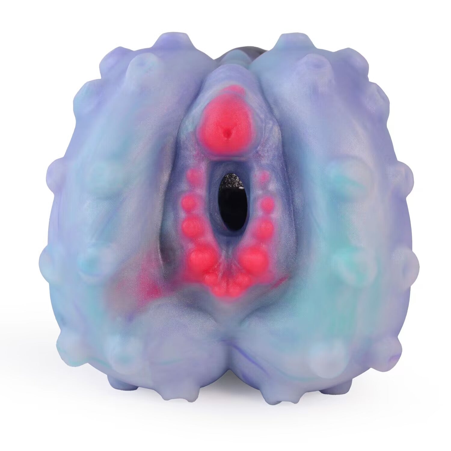 Frontal view showing the pink textured entry orifice of tentacle male stroker sleeve.