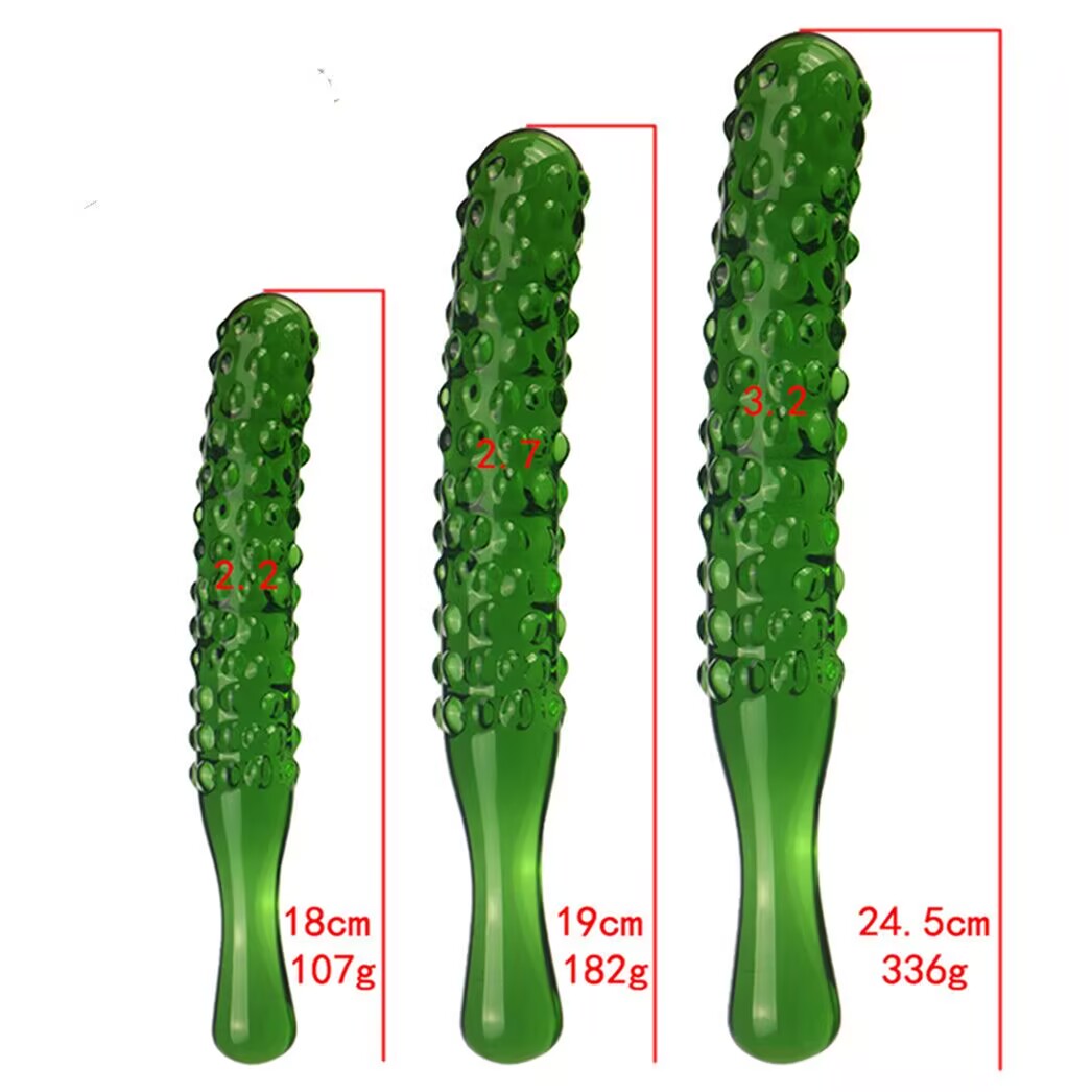 Detailed size and weight breakdown for 18cm, 19cm, and 24.5cm green textured glass cucumber massage wands.