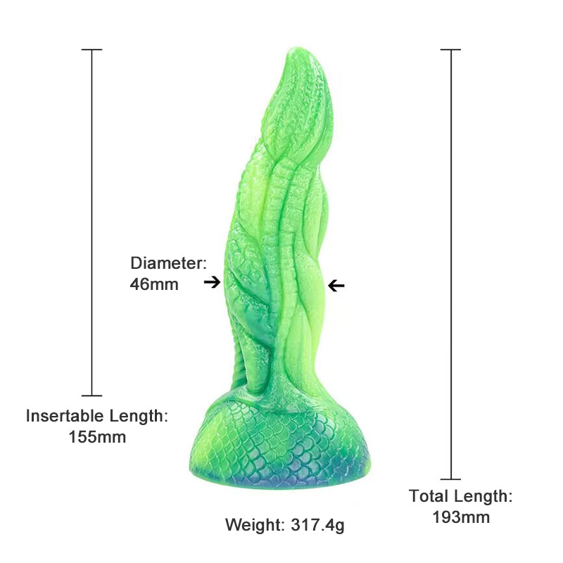 Dimensions diagram for green textured silicone dildo with suction base showing 193mm total length and 155mm insertable length.