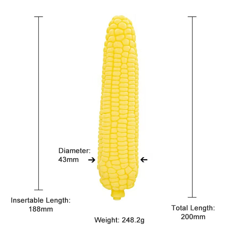 Size chart for yellow corn cob silicone dildo featuring 200mm length and 43mm diameter with kernel texture.