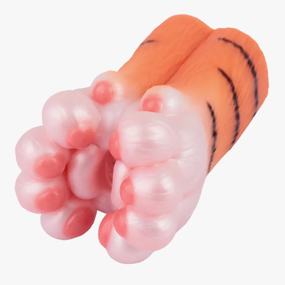 Front view of a male masturbator designed like an orange tiger cat paw with pink soft squishy meat pads.