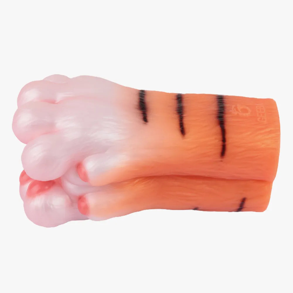 Side view of the orange striped cat paw stroker showing the realistic fur textures molded onto the base.