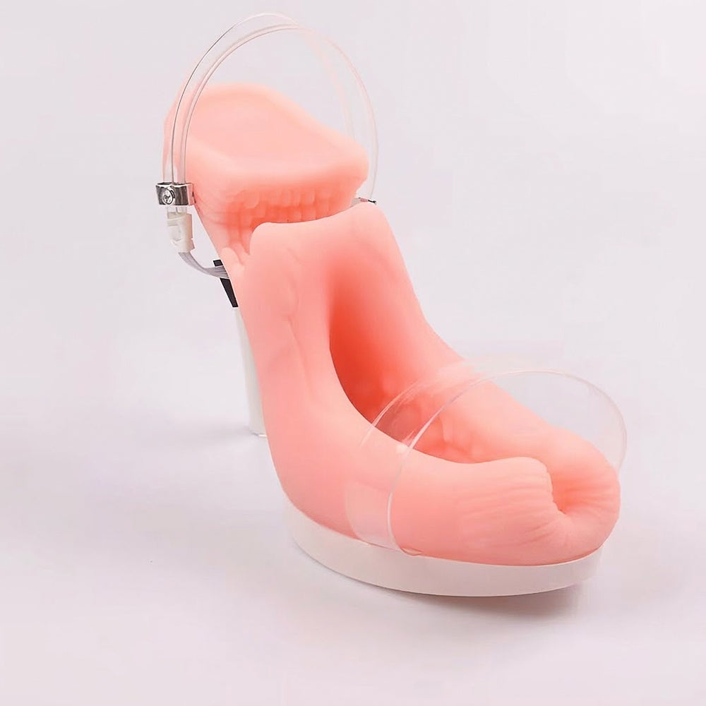 A single translucent high heel adult toy cup with a clear acrylic platform sole and a transparent ankle strap for realistic ankle fantasy.