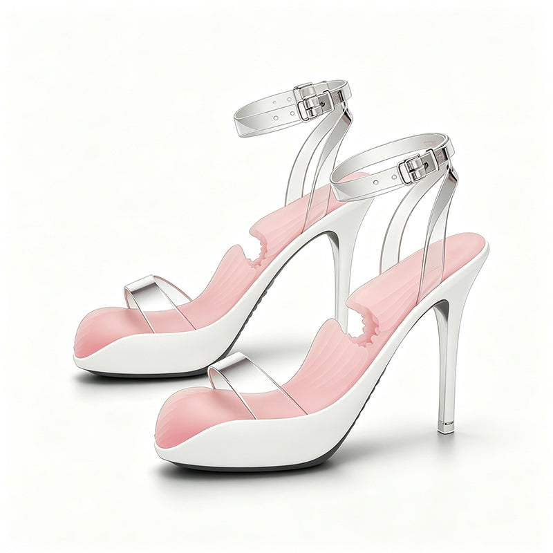 Front three-quarter view of a pair of high heel male masturbator cups with clear straps and pink textured sleeves on a bright white studio surface.
