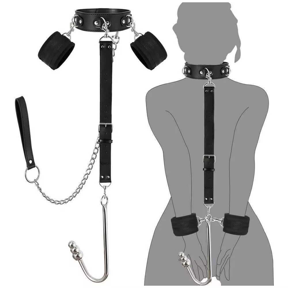 Posture control harness system with triple graduated bead anal hook, collar, cuffs, and chain leash.