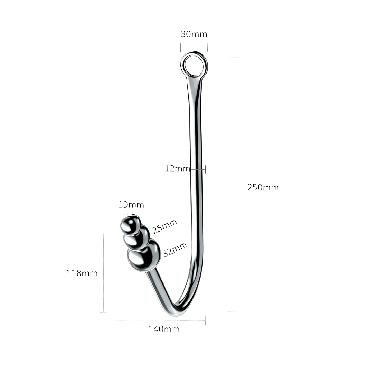 Detailed size specification chart for triple graduated bead anal hook with 19mm, 25mm, and 32mm beads.