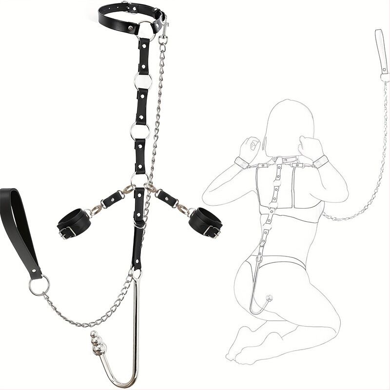 Triple graduated bead anal hook posture harness with leash and wearing guide.