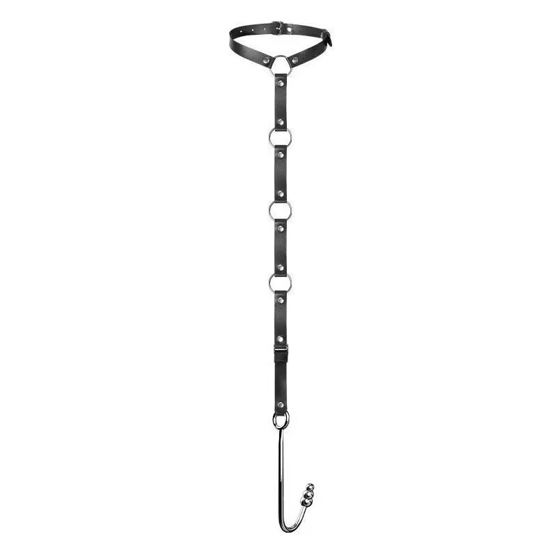 Triple bead anal hook attached to back strap for posture control harness.