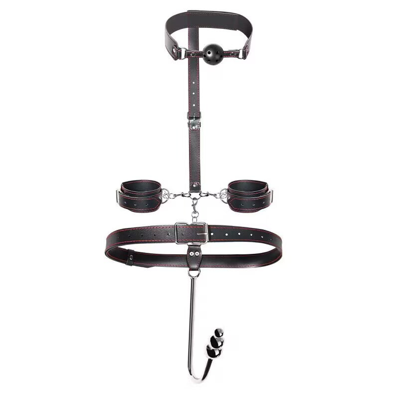 Complete posture restraint set with triple graduated bead anal hook, gag, and cuffs.