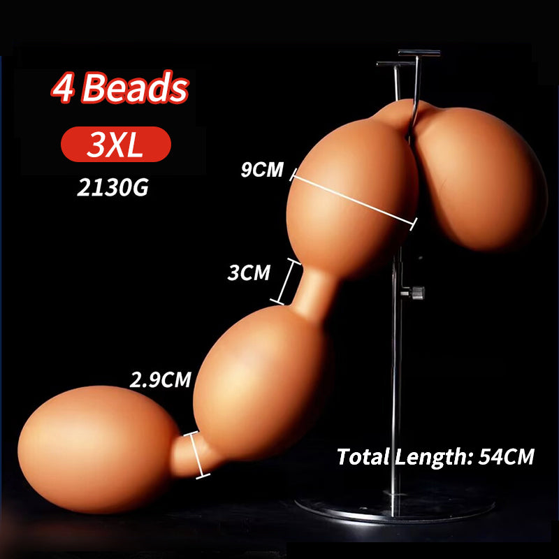 3XL size 4 beads silicone anal plug display showing 9cm bead diameter 54cm length 2130g weight specifications.