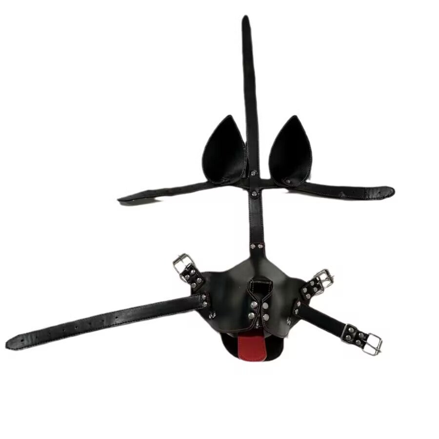 Unfolded flat lay view of black K9 dog hood mask with adjustable straps and ears.