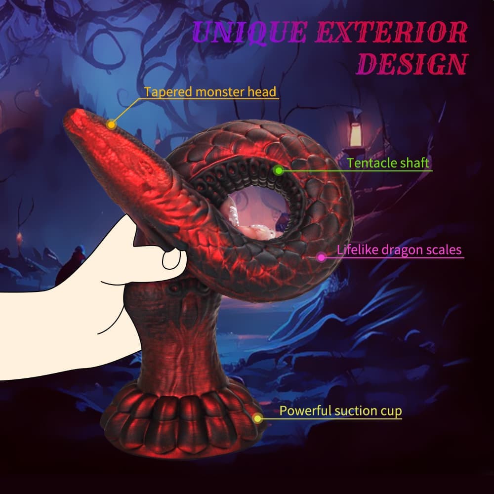 Detailed diagram marking features of the monster dildo: tapered monster head, tentacle shaft, lifelike dragon scales, and powerful suction cup.