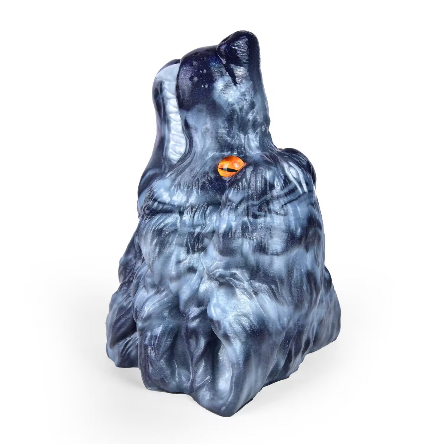 Upright standing view of phantom wolf head silicone toy showing textured fur details