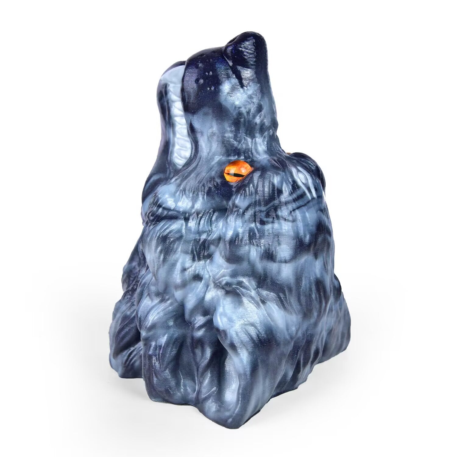 Upright standing view of phantom wolf head silicone toy showing textured fur details