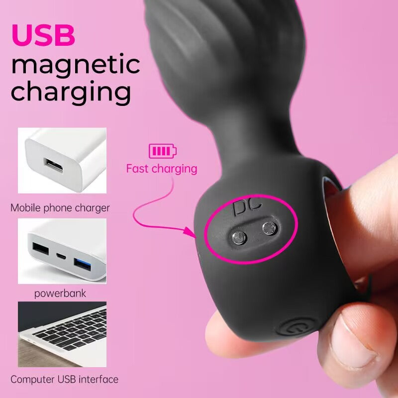 Demonstration of USB magnetic charging pins on black silicone vibrating plug connected to power source