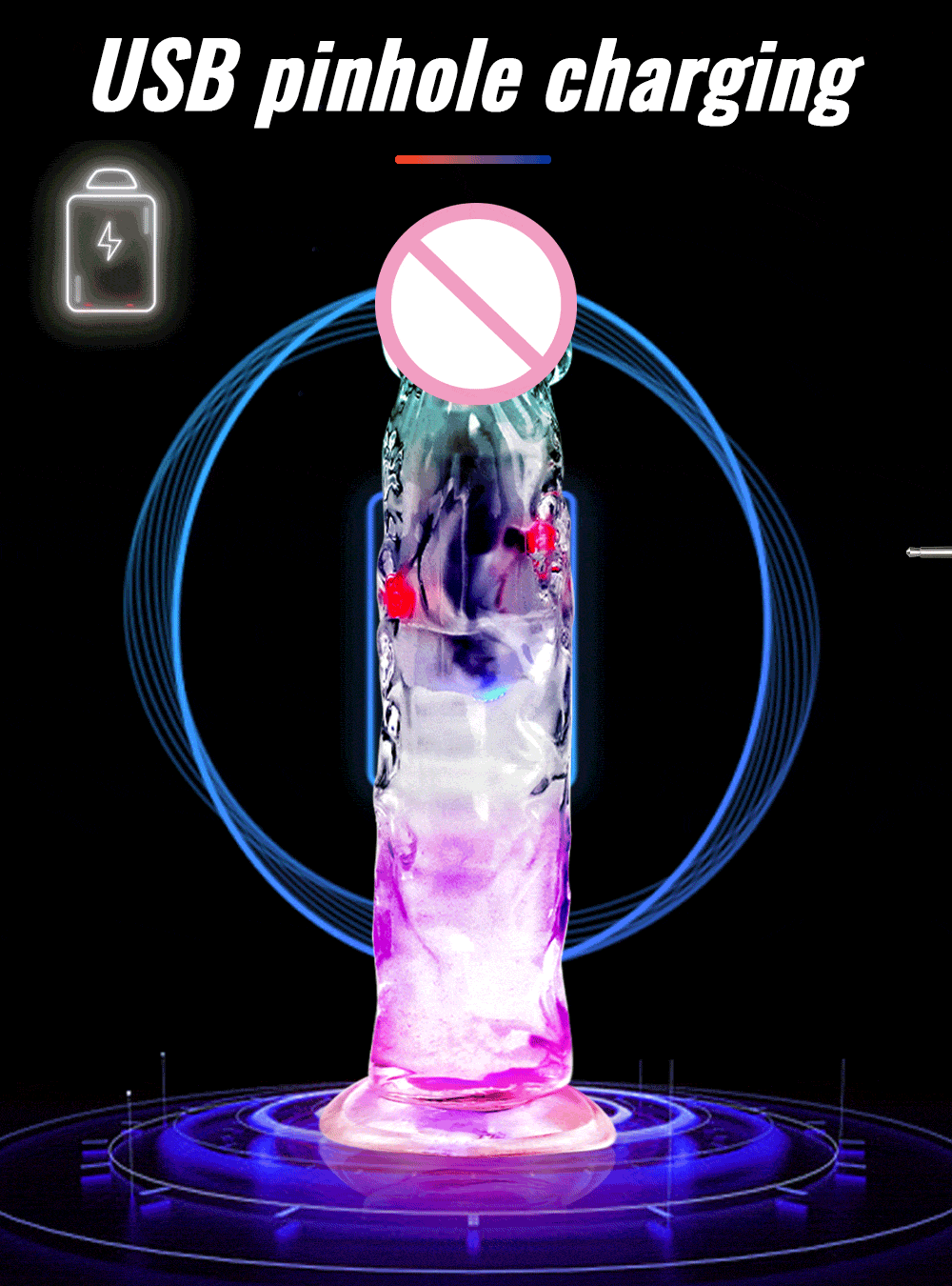 USB pinhole charging port feature on the glowing crystal vibrating dildo with internal battery icon.