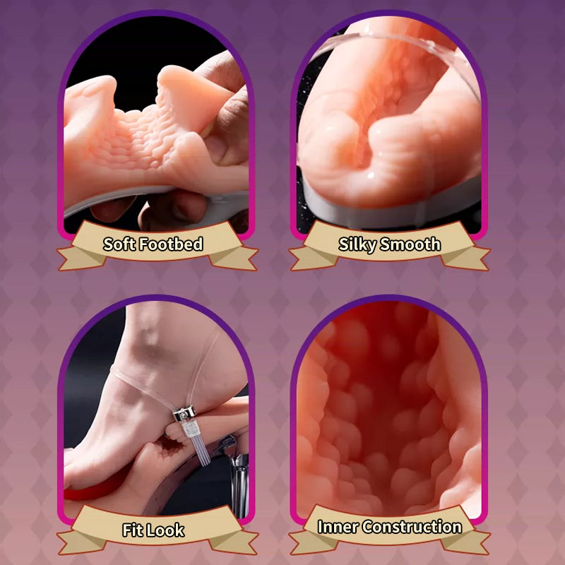 Feature collage showing soft footbed, silky smooth material, fit look, and inner construction of high heel masturbator