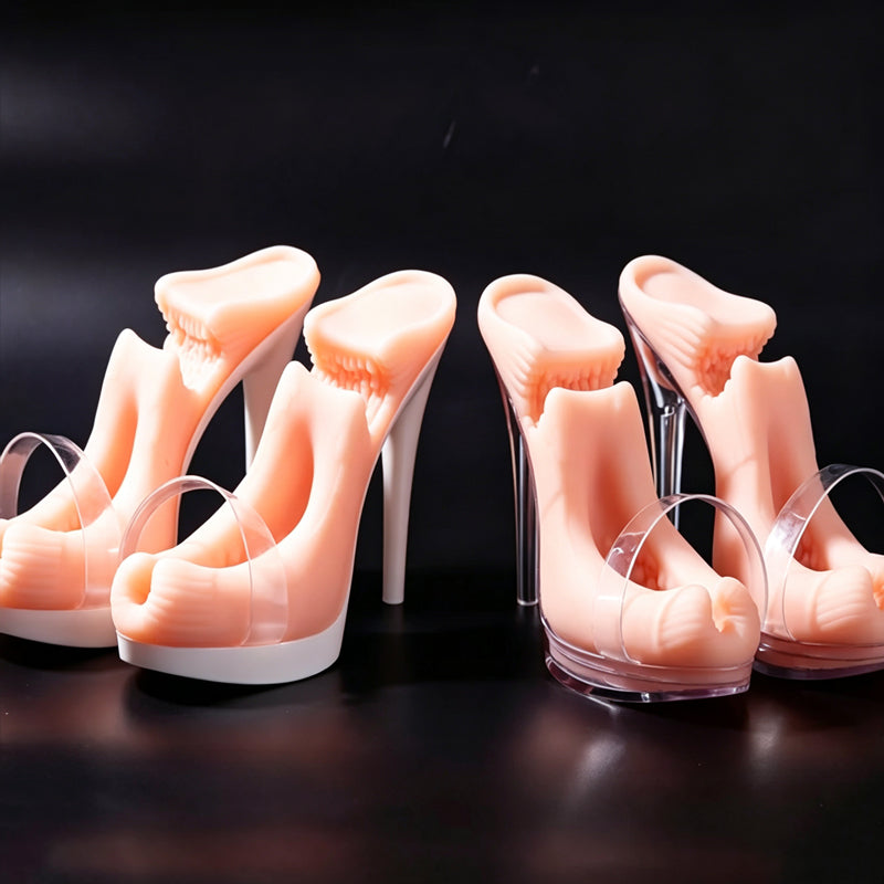 Comparison view of vibrating high heel male strokers with clear heels and white heel platforms