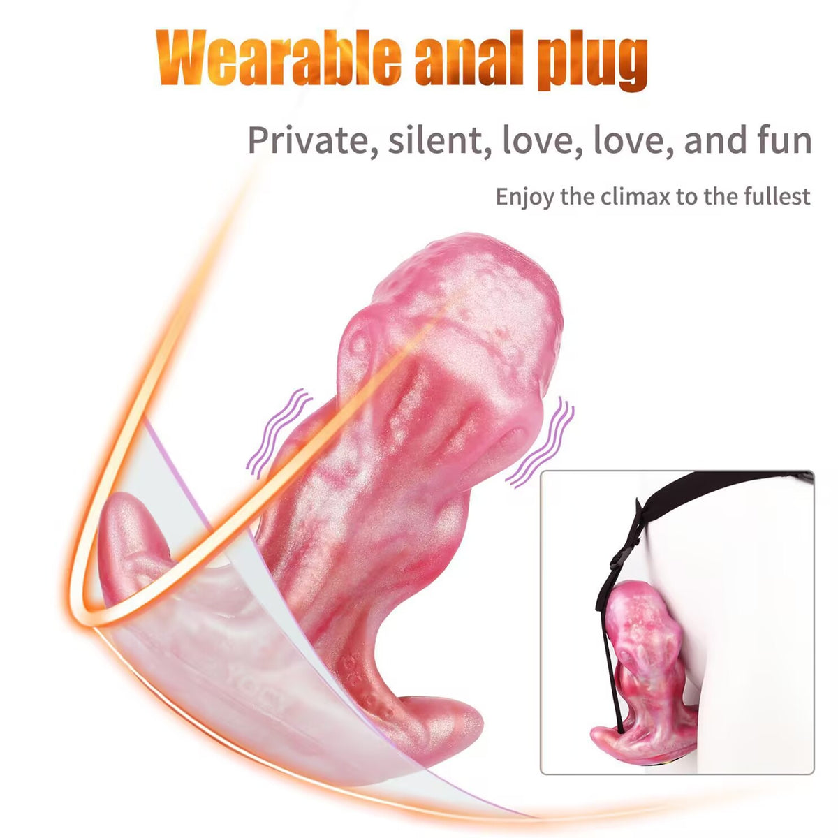 Shimmering pink octopus plug showing vibration waves and lower right inset of wearable strap-on harness fit.
