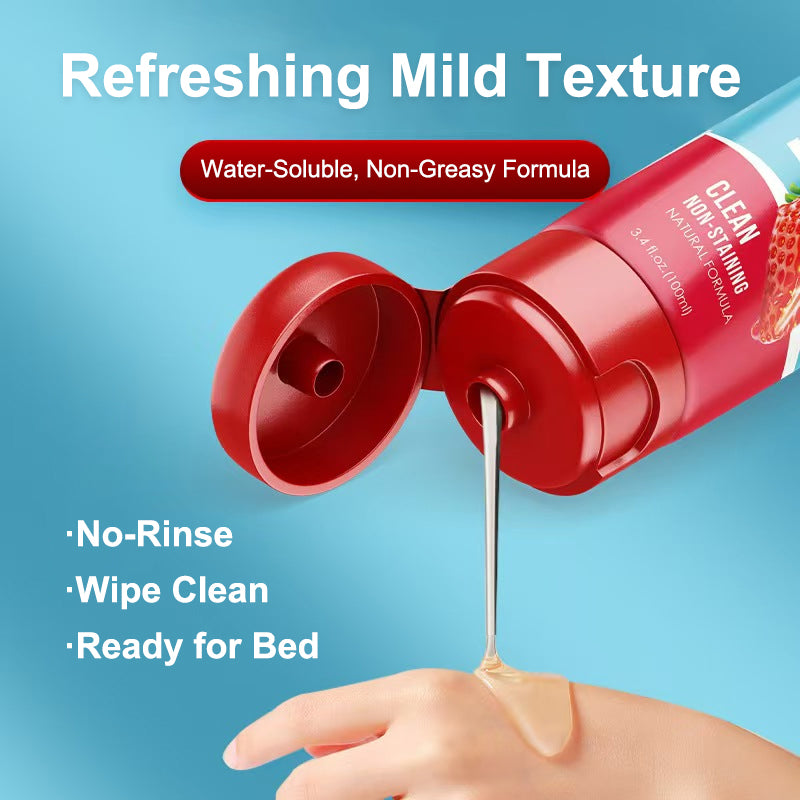 Clear water-based personal lubricant gel texture squeezing out smoothly with no-rinse water-soluble formula