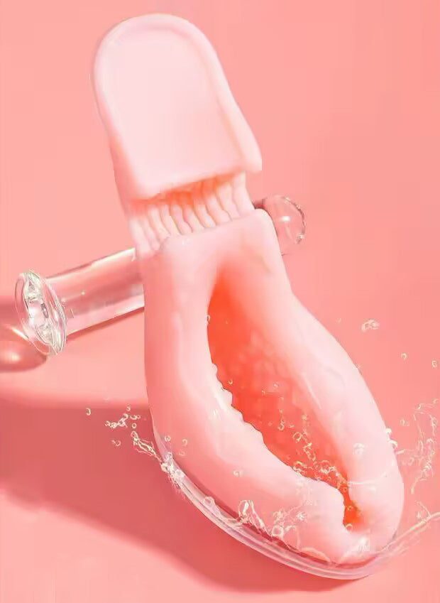 Water splashing over the high heel masturbator cup with a clear glass rod inside, illustrating 100% waterproof and hygienic cleaning.