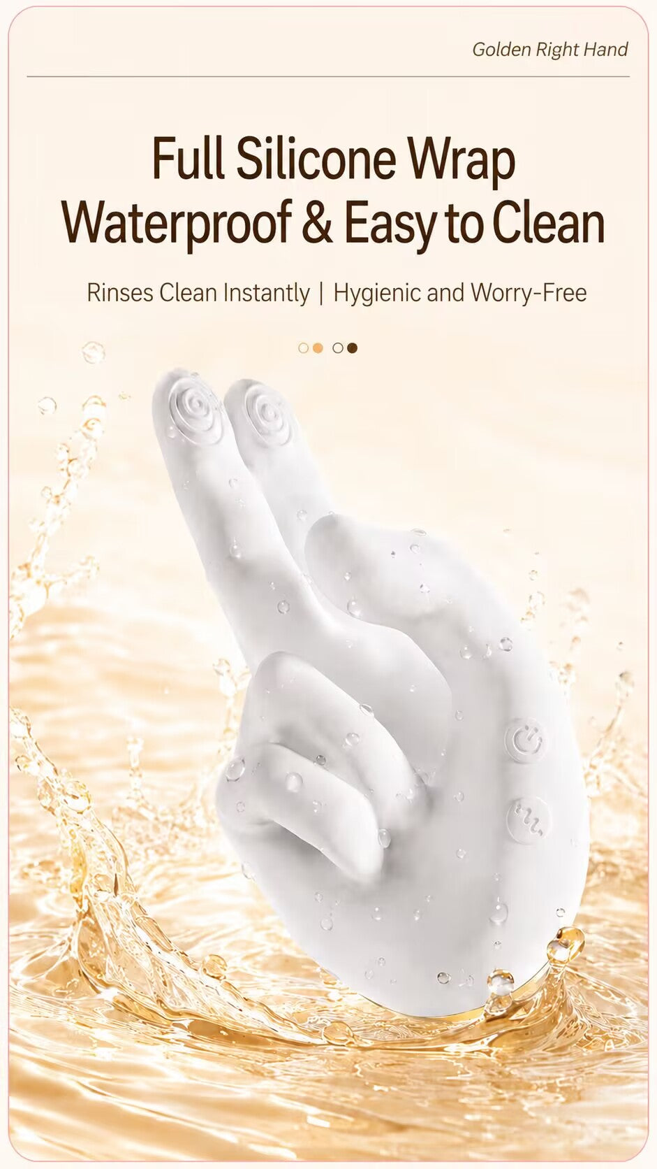 A white premium liquid silicone female sex toy splashing in clean water, emphasizing its 100% waterproof design and hygienic, easy-to-clean surface.