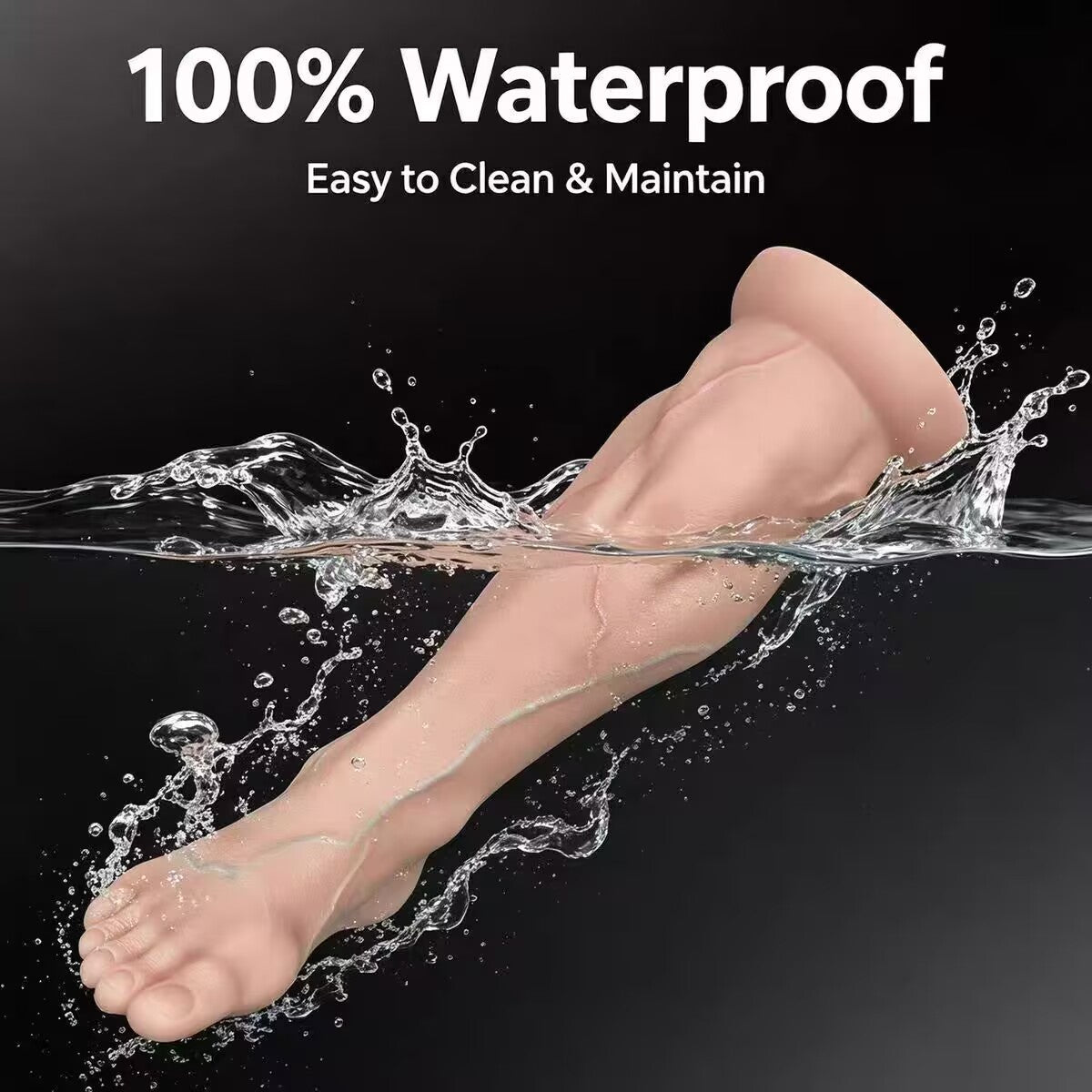 Waterproof silicone foot butt plug under water splash demonstrating easy cleaning and body-safe material.